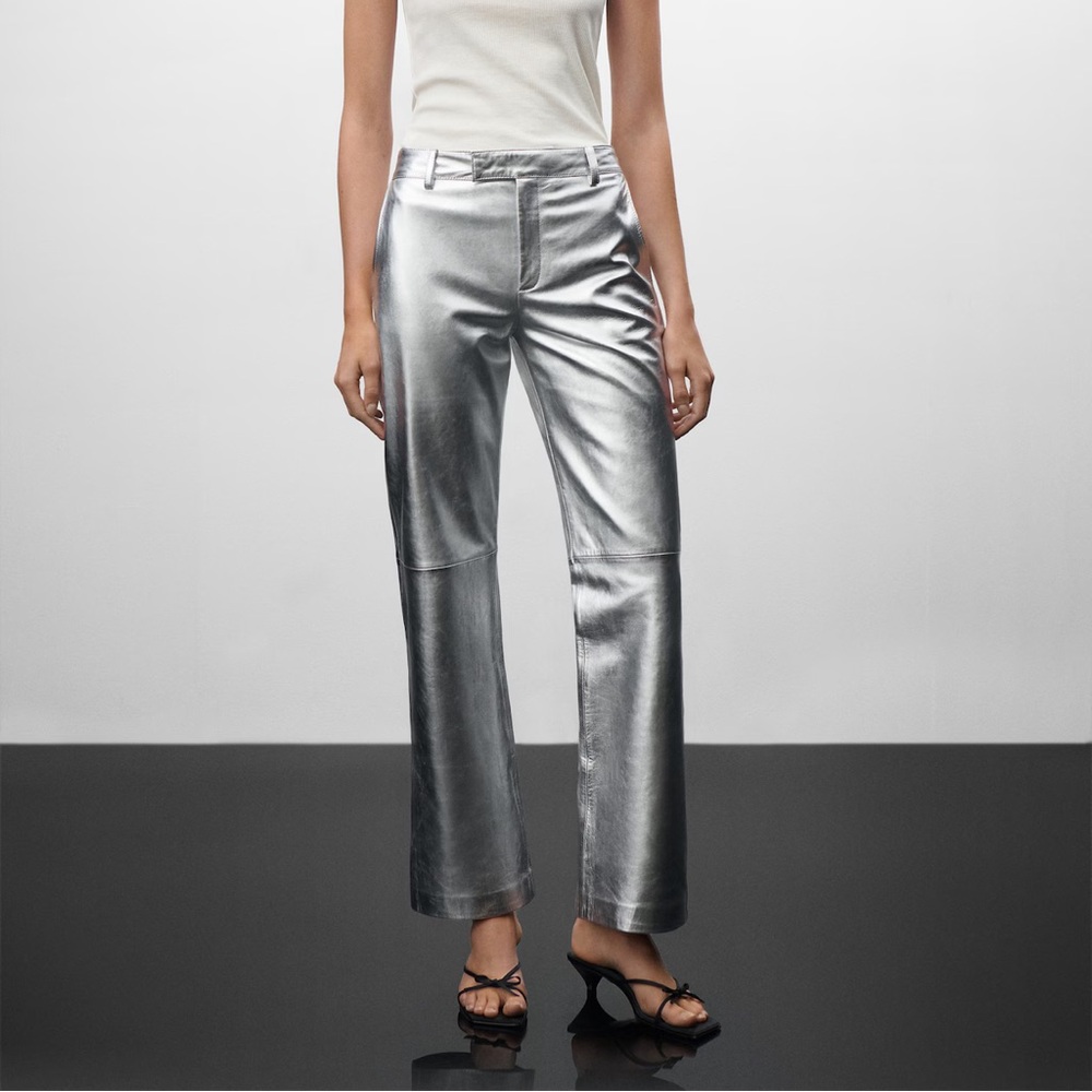 Mango Silver Metallic leather trousers